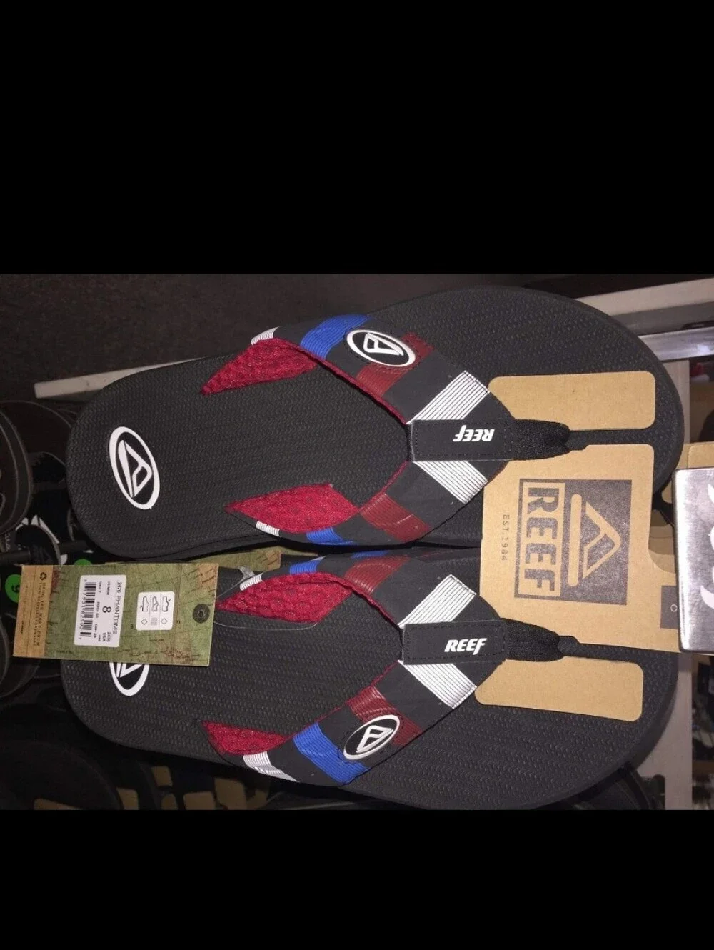 Reef Men's Size Phantoms Black/Red/Blue 2476USA Sandals Flip Flops